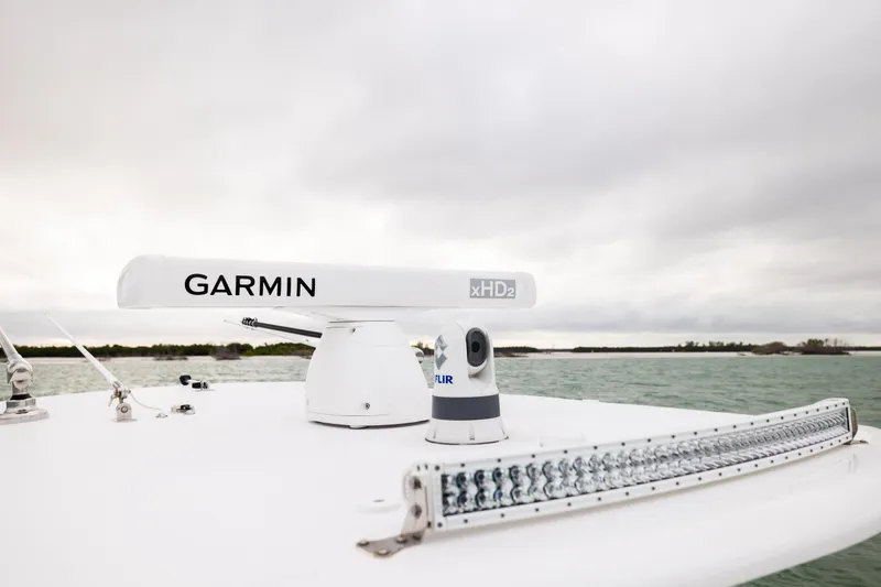  Yacht Photos Pics 2022 Jupiter 38 HFS boat with Garmin xHD2 radar and FLIR camera on deck.