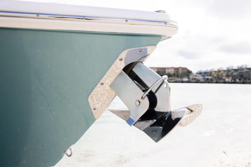  Yacht Photos Pics 2022 Jupiter 38 HFS boat anchor detail with stainless steel finish.