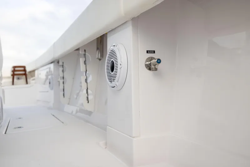  Yacht Photos Pics 2022 Jupiter 38 HFS boat interior with speaker and stainless steel fitting.