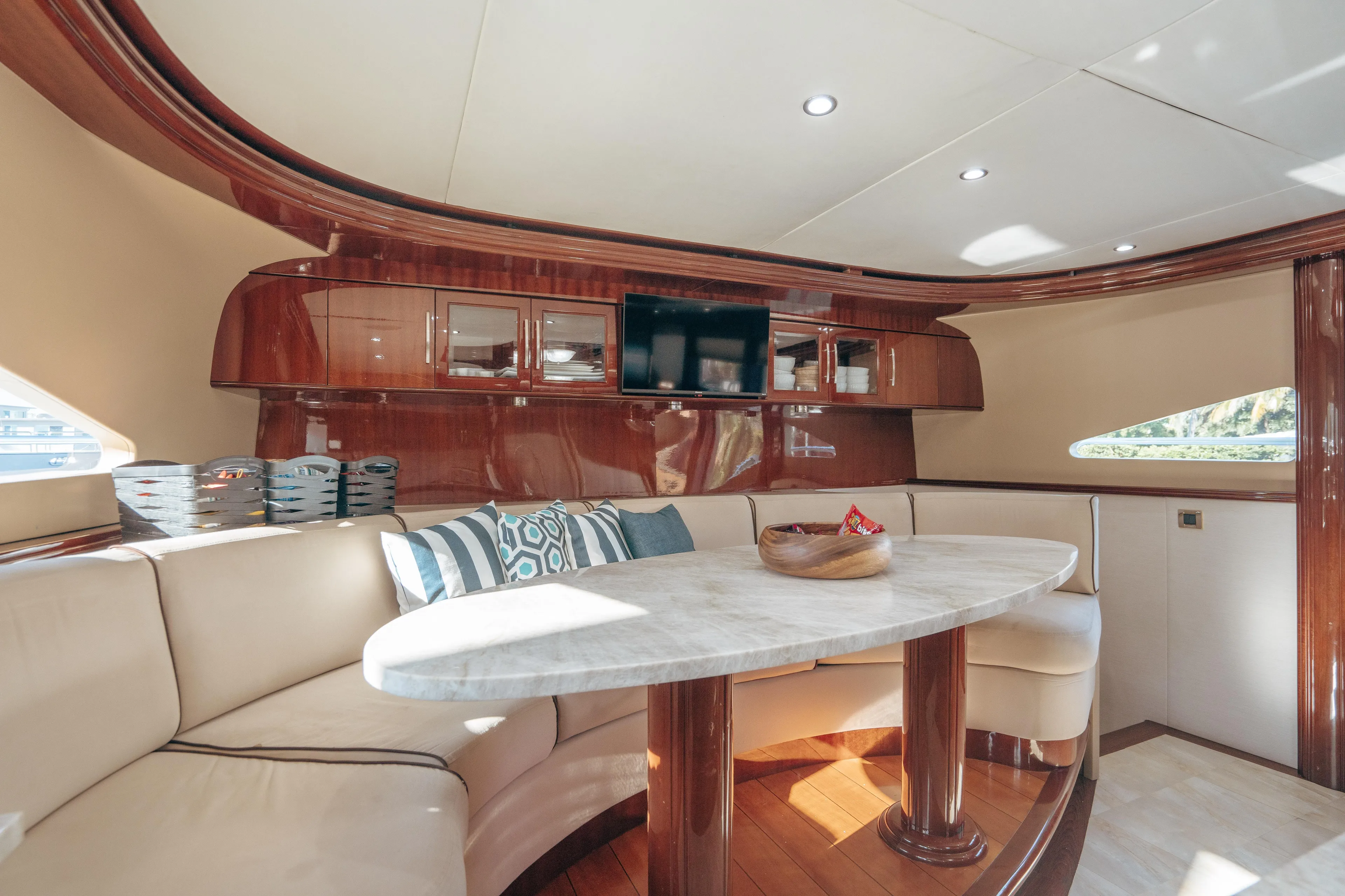 Lady Kristina Yacht Photos Pics Luxurious 2004 Lazzara LY106 yacht interior with elegant seating and modern decor.