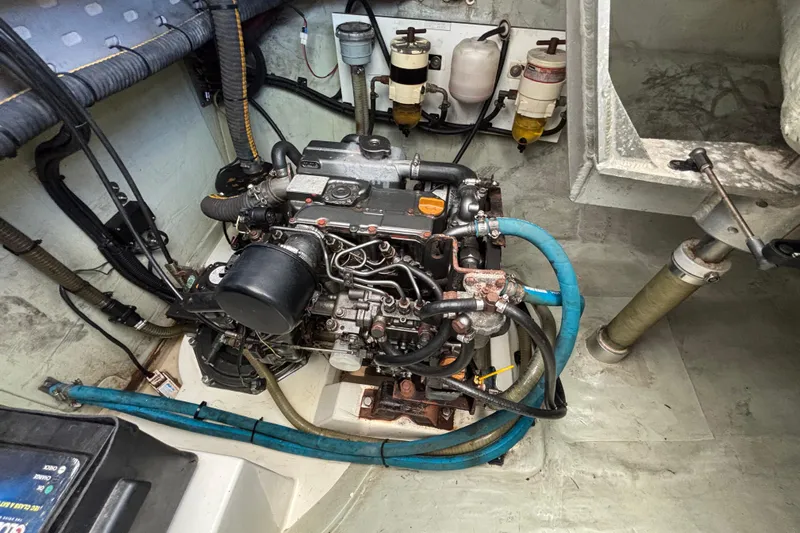  Yacht Photos Pics Engine compartment of a 2016 Leopard 40 catamaran, showcasing detailed mechanical components.