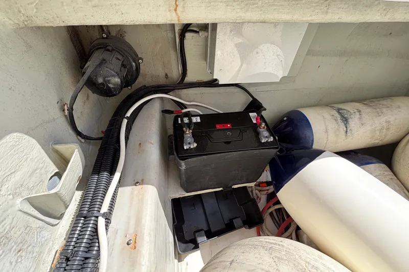  Yacht Photos Pics Battery compartment of a 2016 Leopard 40 catamaran with wiring and fenders.