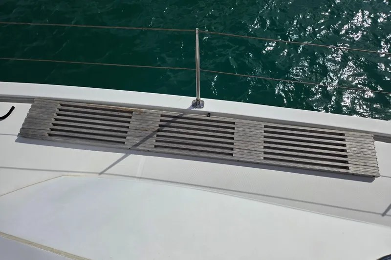  Yacht Photos Pics Deck of 2016 Leopard 40 catamaran with wooden slats and ocean view.