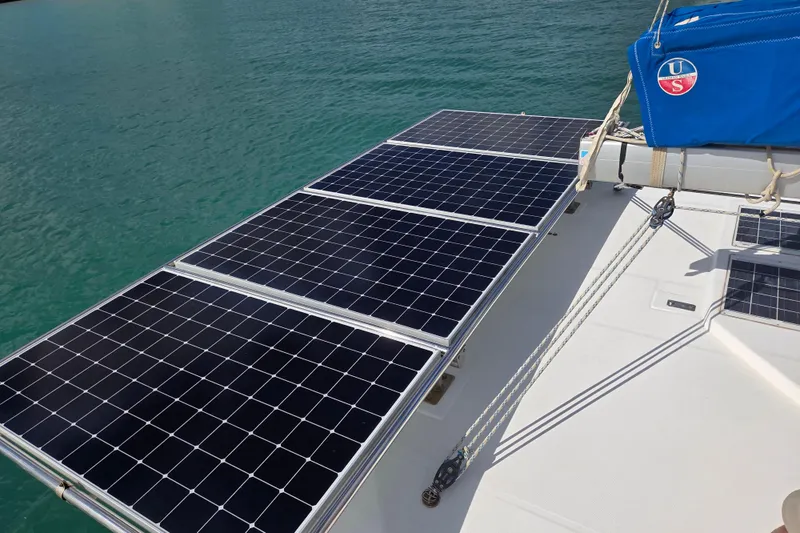  Yacht Photos Pics Solar panels on a 2016 Leopard 40 catamaran, harnessing renewable energy on the water.