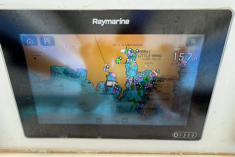  Yacht Photos Pics Raymarine navigation display on Leopard 40, 2016 model, showing nautical chart and depth.