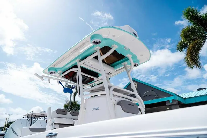 Black Label Marine Yacht Photos Pics 2024 Caymas 281 HB boat with T-top, under clear blue sky, palm tree nearby.