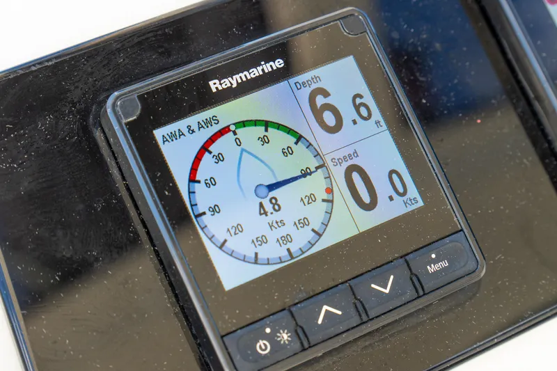Dakiti Yacht Photos Pics Raymarine display on 2023 Lagoon 46 showing depth and speed readings.