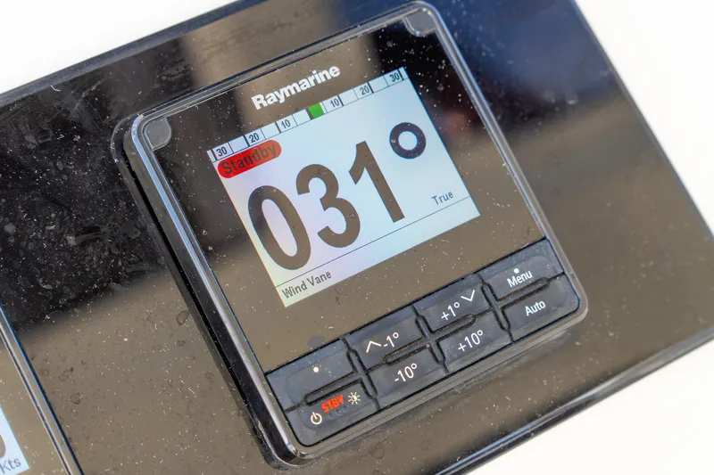 Dakiti Yacht Photos Pics Raymarine display on 2023 Lagoon 46 yacht showing 031 degrees in standby mode.