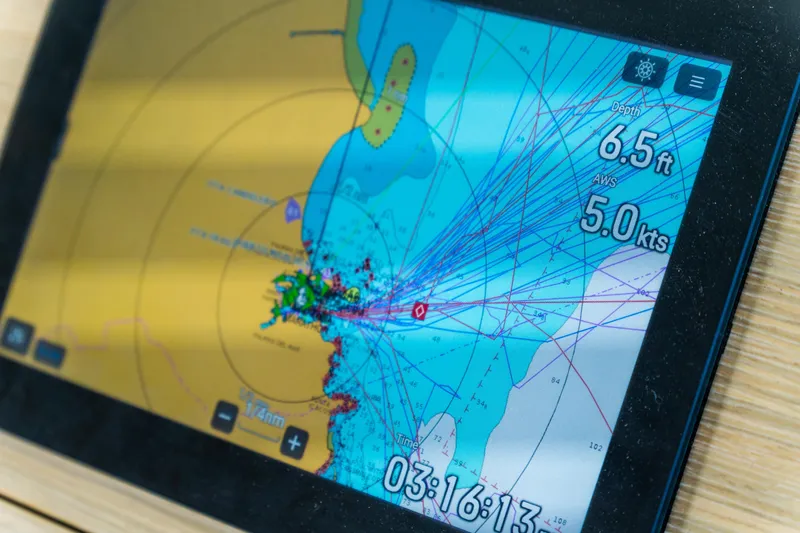 Dakiti Yacht Photos Pics Navigation display on Lagoon 46 yacht, showing depth and speed data.