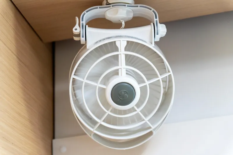 Dakiti Yacht Photos Pics Ceiling fan inside 2023 Lagoon 46 yacht, featuring a compact, modern design.