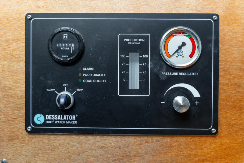 Dakiti Yacht Photos Pics Control panel of Dessalator Duo water maker on 2023 Lagoon 46 yacht.