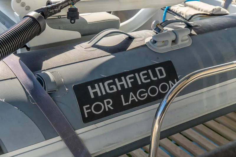 Dakiti Yacht Photos Pics Highfield inflatable boat for Lagoon 46, 2023 model, docked with equipment.