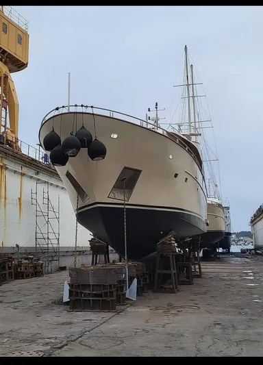 Korab Yacht Photos Pics Custom Motor Yacht Korab 2001 in dry dock, undergoing maintenance.