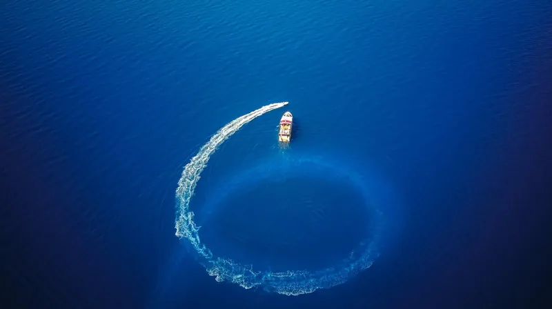 Korab Yacht Photos Pics Aerial view of Motor Yacht Korab creating a circular wake on deep blue water.