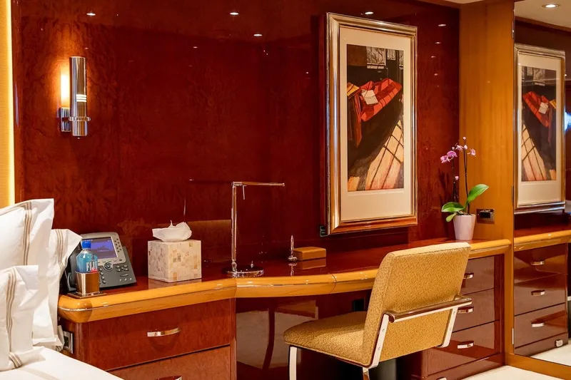 Mystique Yacht Photos Pics Luxurious Feadship Custom yacht interior, featuring elegant wood paneling and modern decor, 2001 model.