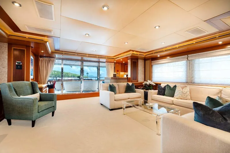 Emotion 2 Yacht Photos Pics Luxurious 2007 CRN Motor Yacht interior with elegant seating and panoramic windows.