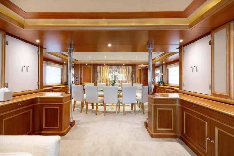 Emotion 2 Yacht Photos Pics Luxurious interior of 2007 CRN Motor Yacht with elegant wood paneling and modern furnishings.