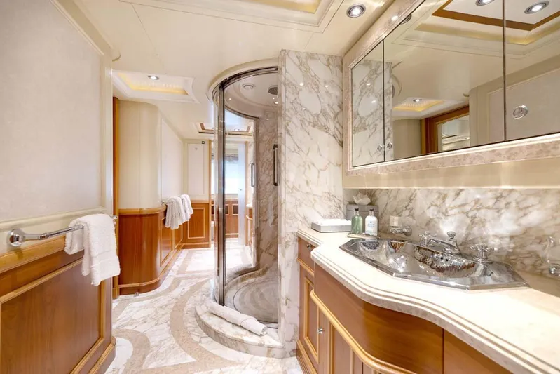 Emotion 2 Yacht Photos Pics Luxurious 2007 CRN Motor Yacht bathroom with marble decor and elegant fixtures.