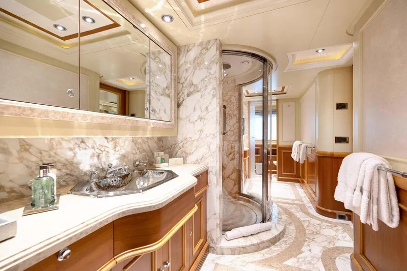 Emotion 2 Yacht Photos Pics Luxurious 2007 CRN Motor Yacht bathroom with marble decor and elegant fixtures.
