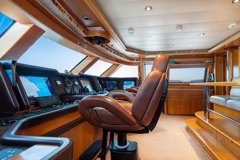 Emotion 2 Yacht Photos Pics Luxurious 2007 CRN motor yacht helm with leather seating and advanced navigation systems.