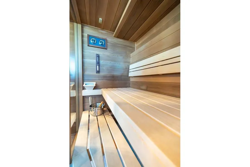 Emotion 2 Yacht Photos Pics Luxurious wooden sauna interior on 2007 CRN Motor Yacht.