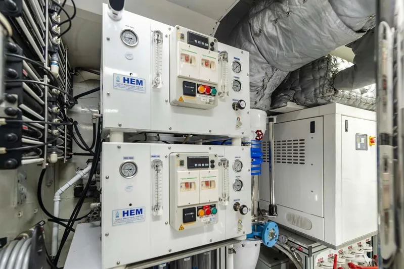 Emotion 2 Yacht Photos Pics Engine room of 2007 CRN Motor Yacht with HEM equipment and control panels.