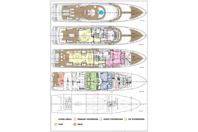 Emotion 2 Yacht Photos Pics Deck plans of a 2007 CRN Motor Yacht, featuring living areas, staterooms, and gym.