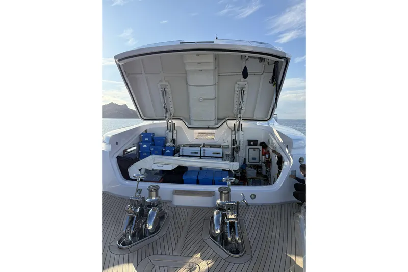 Emotion 2 Yacht Photos Pics Open storage compartment on 2007 CRN Motor Yacht, showcasing equipment and supplies.