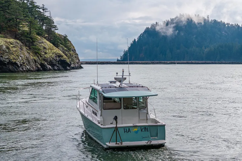 Ha Kin Yacht Photos Pics 2008 Back Cove 33 boat cruising near forested islands under cloudy skies.