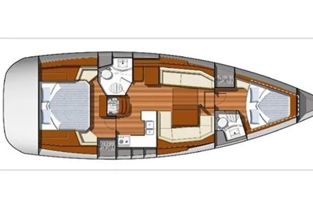  Yacht Photos Pics Floor plan of a 2010 Jeanneau Sun Odyssey 42 DS sailboat, featuring two cabins and a central living area.