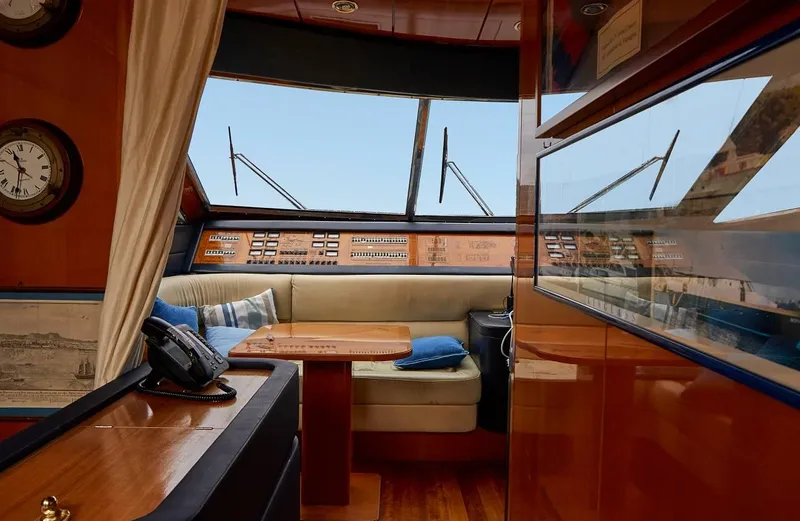 Kinglass VI Yacht Photos Pics Interior of 1999 Sanlorenzo SL82 yacht with plush seating and navigation instruments.