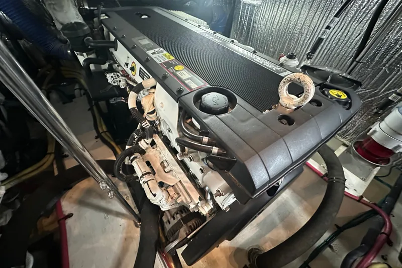 Sassy II Yacht Photos Pics Engine room of 2008 Cruisers Yachts 415 Express Motoryacht, showcasing detailed machinery.