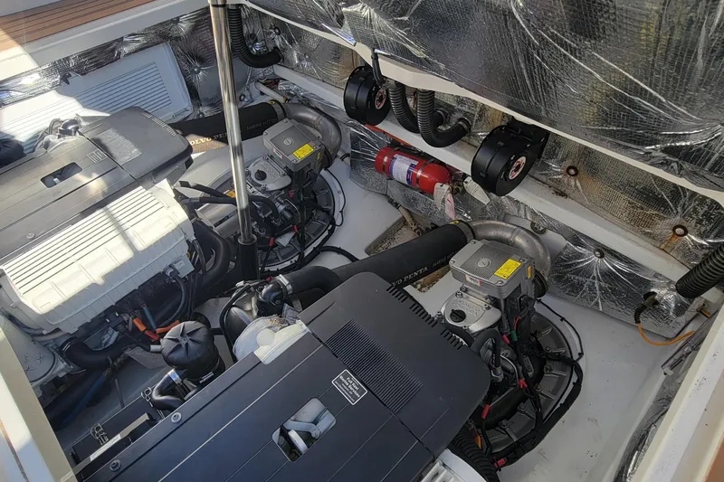 Captivator Yacht Photos Pics Engine compartment of 2017 MJM 40z Downeast boat with Volvo Penta engines.