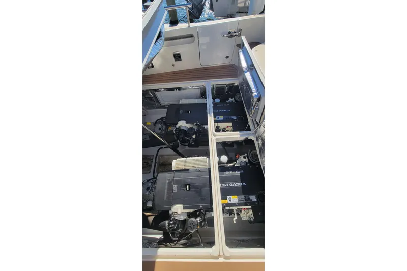 Captivator Yacht Photos Pics Engine compartment of 2017 MJM 40z Downeast boat with Volvo Penta engines.