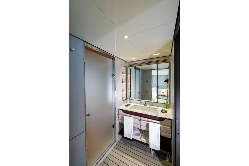 Dagusha Yacht Photos Pics Luxurious bathroom on 2020 Azimut Grande 35 Metri yacht with modern fixtures and elegant design.