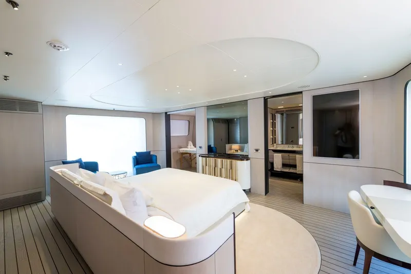 Dagusha Yacht Photos Pics Luxurious interior of 2020 Azimut Grande 35 Metri yacht, featuring elegant bedroom and seating area.