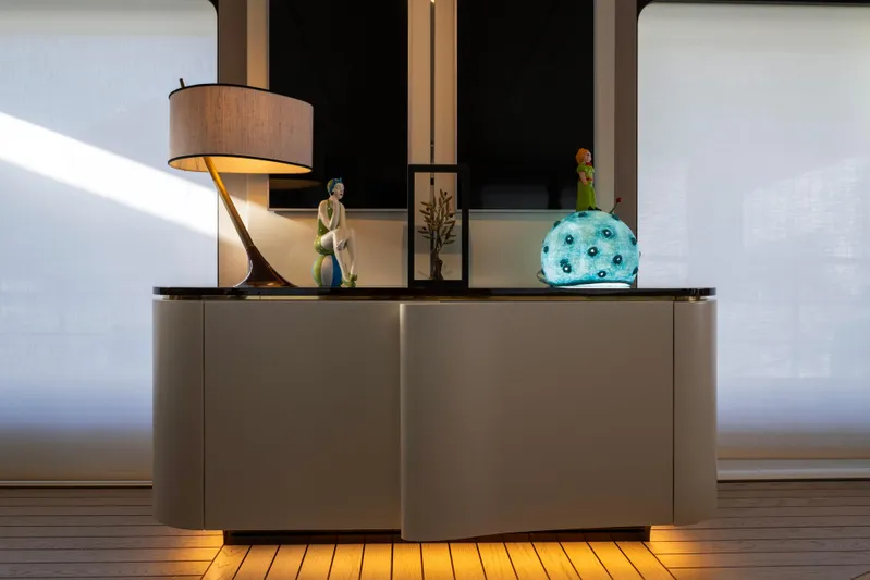 Dagusha Yacht Photos Pics Luxurious interior of 2020 Azimut Grande 35 Metri yacht with elegant decor and lighting.