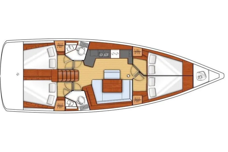 Portofolio Yacht Photos Pics Floor plan of a 2013 Beneteau Oceanis 45 sailboat, featuring cabins and living areas.