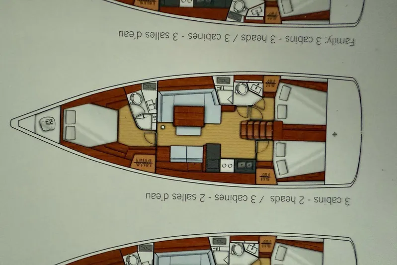 Portofolio Yacht Photos Pics Floor plan of a 2013 Beneteau Oceanis 45 sailboat, featuring three cabins and two heads.