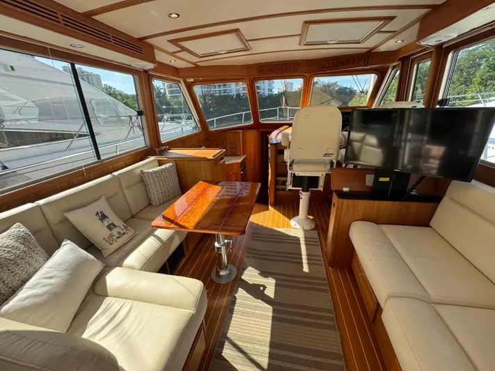  Yacht Photos Pics Luxurious interior of 2019 Sabre 42 Salon Express yacht with elegant seating and wooden accents.