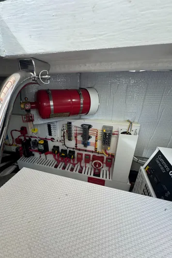  Yacht Photos Pics Engine room of 2019 Sabre 42 Salon Express with fire suppression system and electrical components.