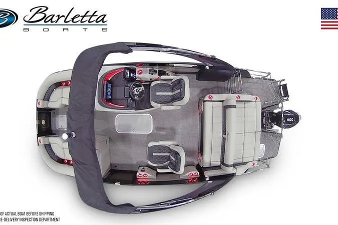  Yacht Photos Pics 2026 Barletta Lusso 23UCA pontoon boat, top view, showcasing spacious seating and modern design.