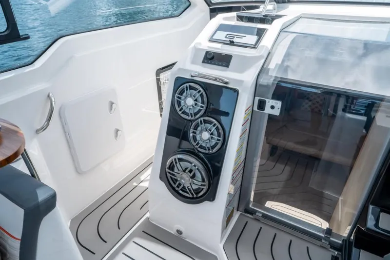  Yacht Photos Pics Interior of 2026 Granfort 37 GTX boat with modern audio system and sleek design.