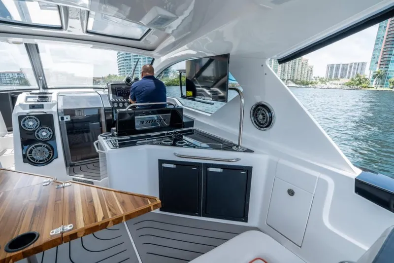  Yacht Photos Pics Interior of 2026 Granfort 37 GTX yacht with modern controls and waterfront view.