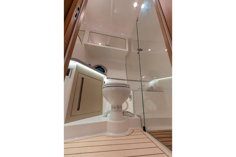  Yacht Photos Pics Luxury bathroom interior of 2026 Granfort 37 GTX yacht with modern fixtures.