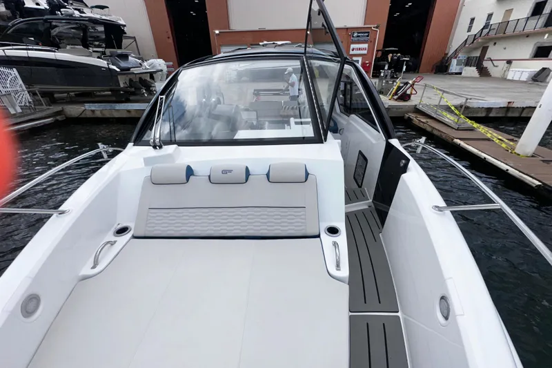  Yacht Photos Pics 2026 Granfort 37 GTX luxury boat docked, showcasing sleek design and spacious seating area.