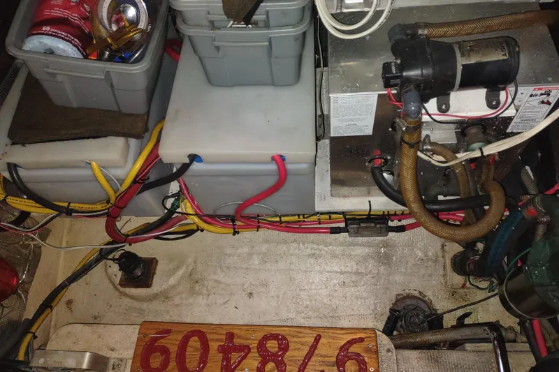 Dobro Yacht Photos Pics Engine room of a 1990 Nordic Tug 32 with wiring and equipment.