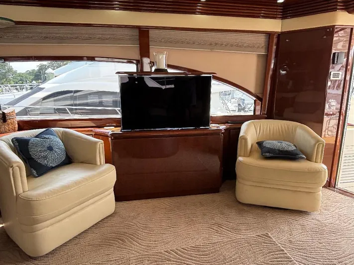 Bad Bettye Yacht Photos Pics Luxurious 2006 Marquis 65 yacht interior with plush seating and modern TV setup.