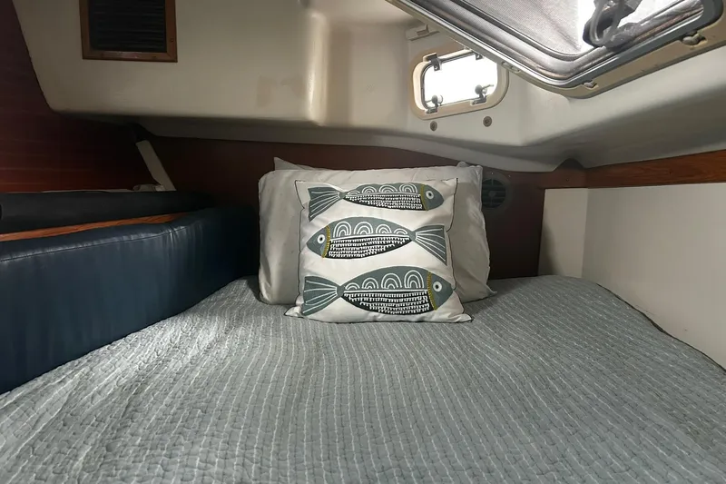 Simpatico Yacht Photos Pics Cozy cabin interior of 1999 Catalina 42 MkII sailboat with fish-themed pillow.