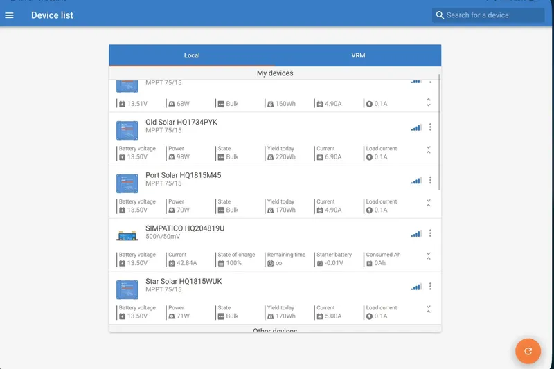 Simpatico Yacht Photos Pics Device list interface displaying solar panel data for Catalina 42 MkII, 1999 model.